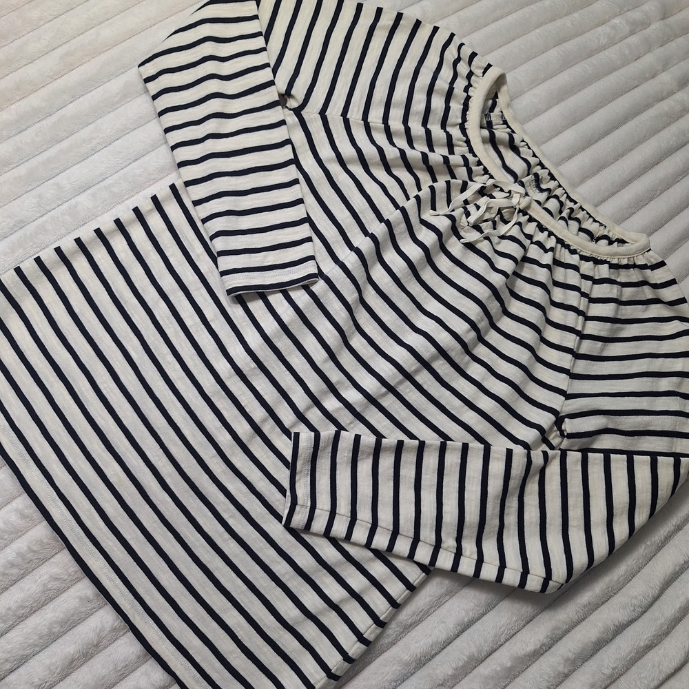 Talbots 100% Cotton Keyhole Tie Blouse Womens S Pet Striped Nautical New England